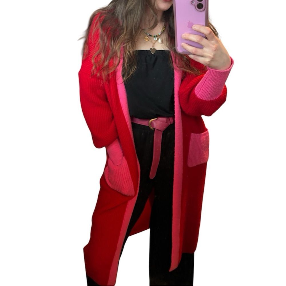Newbury Kustom Red and Pink Long Cardigan Balloon Sleeve Cozy Womens Medium